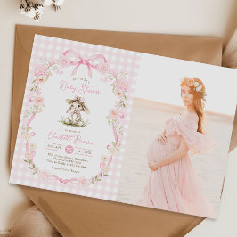 Bunny Pink Bow Gingham Baby Shower Photo 招待状