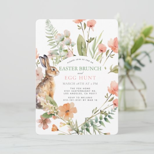 Bunny Pink Floral Easter Brunch & Egg Hunt 招待状 (スタンド正面)