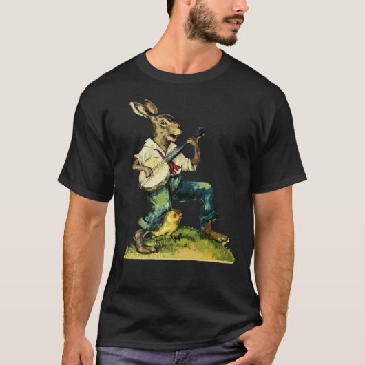 Bunny Playing Banjo Guitar Music Rabbit Happy East Tシャツ (正面)