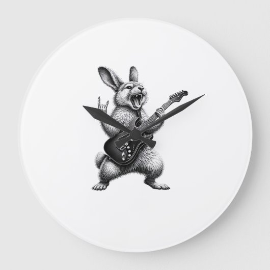 Bunny Playing Guitar Rock Star Bunny Lover Easter  ラージ壁時計 (正面)