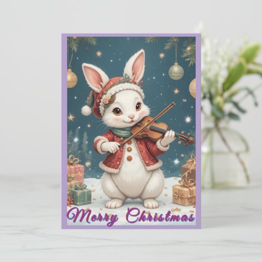 Bunny Playing Violine Christmas Flat Holiday Card シーズンカード (スタンド正面)