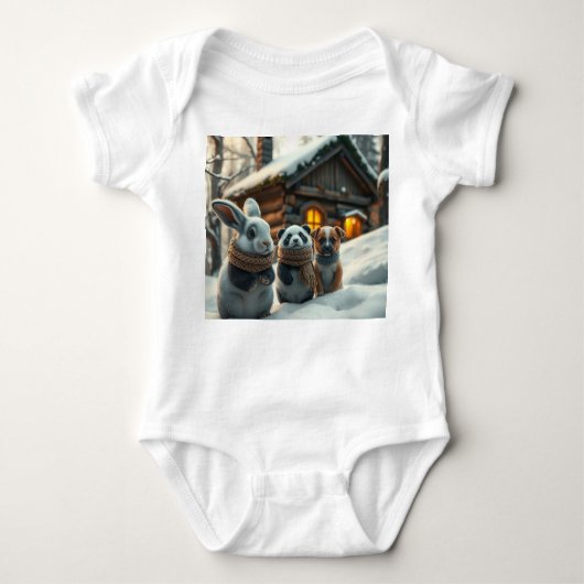 Bunny, puppy front & space neon Easter bunny back  ベビーボディスーツ (正面)