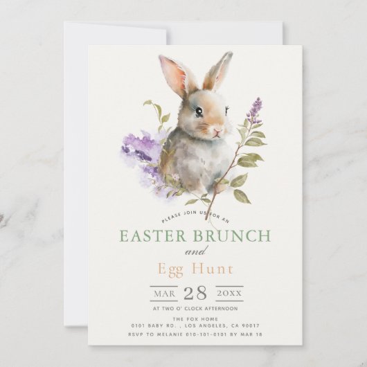 Bunny Purple Lilac Floral Easter Brunch 招待状 (正面)