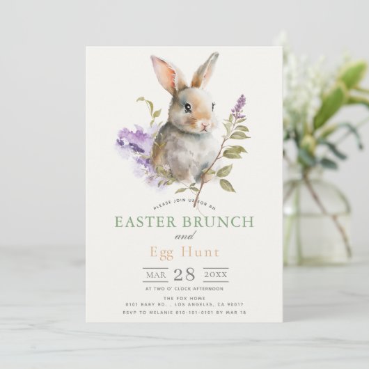 Bunny Purple Lilac Floral Easter Brunch 招待状 (スタンド正面)