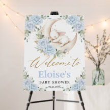 Bunny Rabbit Blue Floral Moon Baby Shower Welcome
