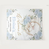 Bunny Rabbit Blue Floral Moon Baby Shower Welcome タペストリー (正面(横))