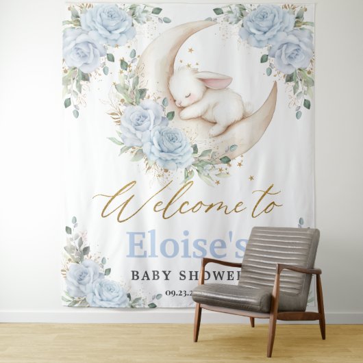 Bunny Rabbit Blue Floral Moon Baby Shower Welcome タペストリー (インサイチュ)