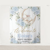 Bunny Rabbit Blue Floral Moon Baby Shower Welcome タペストリー (正面)