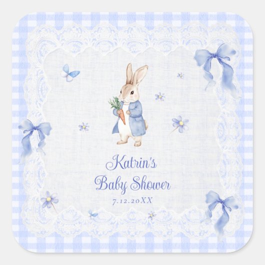 Bunny Rabbit Blue Gingham Baby Shower Thank You スクエアシール (正面)