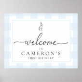 Bunny Rabbit Blue Gingham Birthday Welcome Sign ポスター (正面)