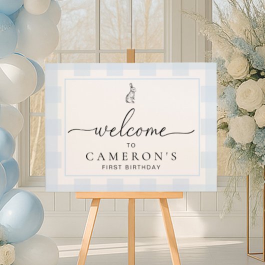 Bunny Rabbit Blue Gingham Birthday Welcome Sign ポスター