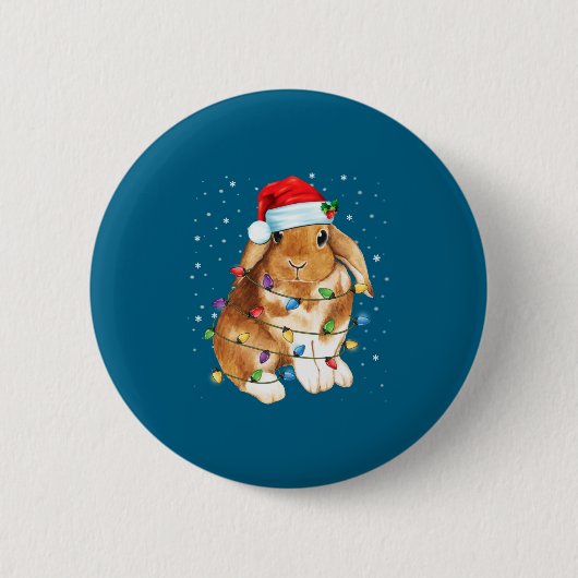Bunny Rabbit Christmas Lights Santa Hat Funny Xmas 缶バッジ (正面)