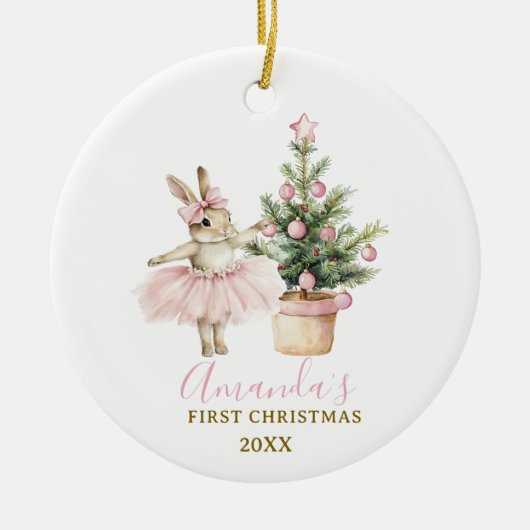 Bunny Rabbit First Christmas Keepsake Baby Girl セラミックオーナメント (正面)