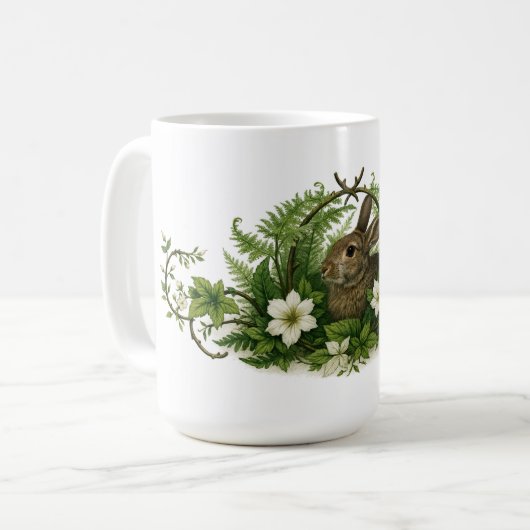 Bunny Rabbit In Floral Foliage コーヒーマグカップ (正面左)