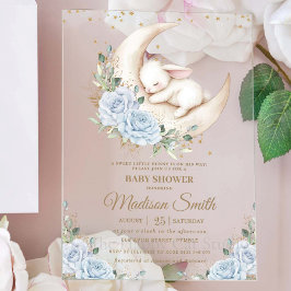 Bunny Rabbit Moon Soft Blue Floral Boy Baby Shower アクリル招待状