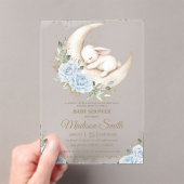 Bunny Rabbit Moon Soft Blue Floral Boy Baby Shower アクリル招待状 (インサイチュ (ポータブル))