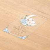 Bunny Rabbit Moon Soft Blue Floral Boy Baby Shower アクリル招待状 (レイダウン)