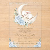 Bunny Rabbit Moon Soft Blue Floral Boy Baby Shower アクリル招待状 (正面)