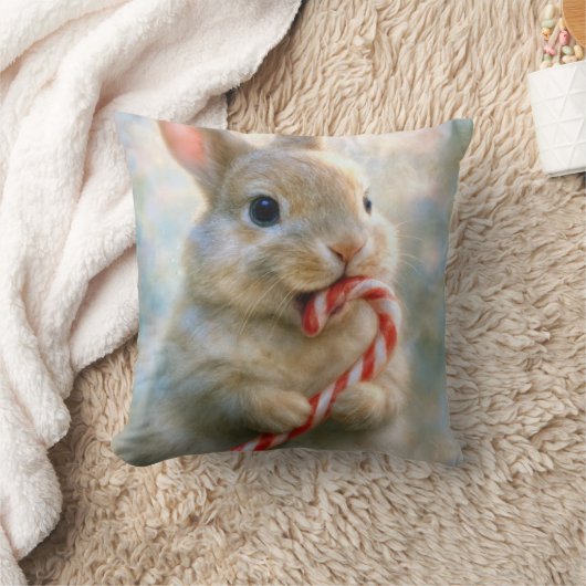 Bunny Rabbit Nibbling On a Candy Cane クッション (ブランケット)