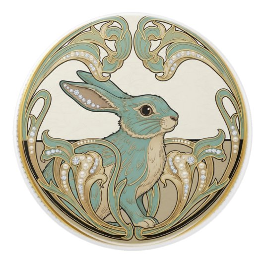 Bunny Rabbit Sage Green & Gold Art Deco Nouveau セラミックノブ (正面)