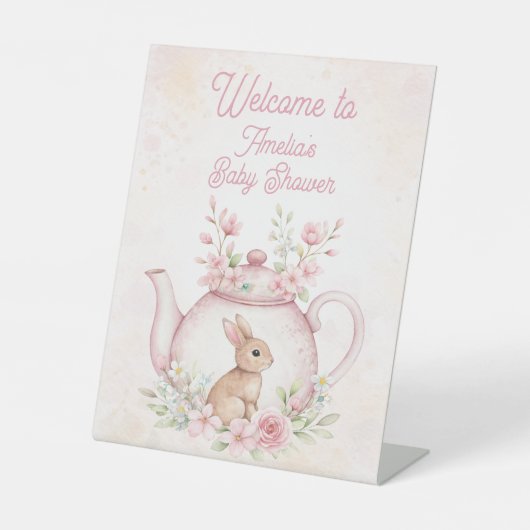 Bunny Rabbit Tea Pot Floral Welcome Baby Shower 台座サイン (正面)