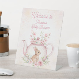 Bunny Rabbit Tea Pot Floral Welcome Baby Shower 台座サイン