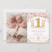 Bunny Rabbit Twin Girls 1stバースデーツイン写真 招待状 (正面)