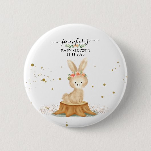 Bunny Rabbit wildlife forest baby shower dots 缶バッジ (正面)