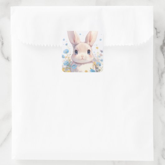 Bunny Rabbit with Blue Eyes and Spring Wildflowers スクエアシール (バッグ)