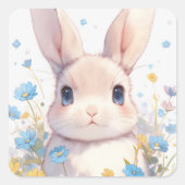 Bunny Rabbit with Blue Eyes and Spring Wildflowers スクエアシール (正面)