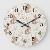 Bunny Rabbits Daisy Flowers Nursery ラージ壁時計 (正面)