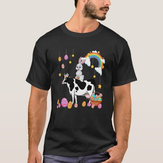 Bunny Riding Cow Easter Day Costume Farmer Hunting Tシャツ (正面)