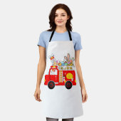 Bunny Riding Firetruck Easter Day Firefighter Happ エプロン (着用した状態)