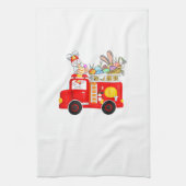 Bunny Riding Firetruck Easter Day Firefighter Happ キッチンタオル (縦)
