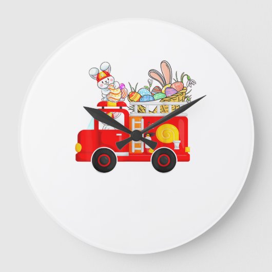 Bunny Riding Firetruck Easter Day Firefighter Happ ラージ壁時計 (正面)