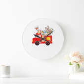 Bunny Riding Firetruck Easter Day Firefighter Happ ラージ壁時計 (ホーム)