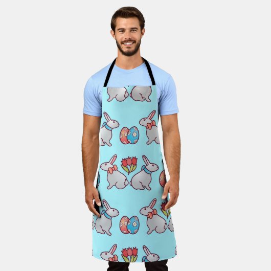 Bunny seamless pattern with easter eggs and a bouq エプロン (着用した状態)