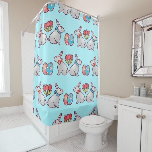 Bunny seamless pattern with easter eggs and a bouq シャワーカーテン (インサイチュ)