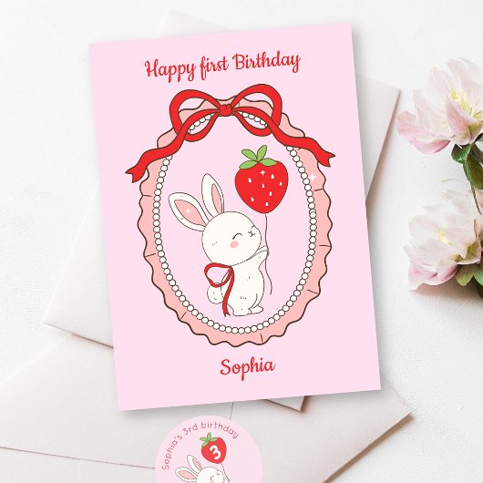 Bunny Strawberry Balloon Happy Birthday Card カード