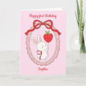 Bunny Strawberry Balloon Happy Birthday Card カード (正面)