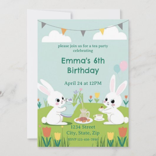 Bunny Tea Party Birthday Invitation | Cute Rabbits 招待状 (正面)