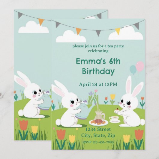 Bunny Tea Party Birthday Invitation | Cute Rabbits 招待状 (正面/裏面)