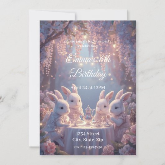 Bunny Tea Party Birthday Invitation – Dreamy Fairy 招待状 (正面)