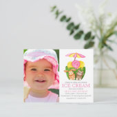 Bunny Teddy Bearアイスクリームフォトバースデーパーティー インビテーションポストカード (スタンド正面)