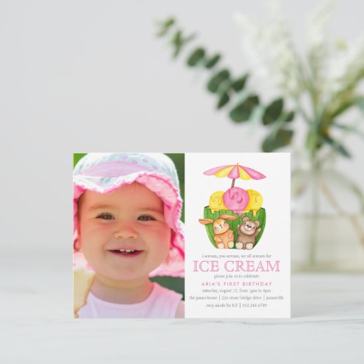 Bunny Teddy Bearアイスクリームフォトバースデーパーティー インビテーションポストカード (スタンド正面)