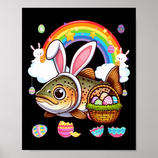 Bunny Trout Fish Easter Hunting Eggs Bysket Colorf ポスター (正面)