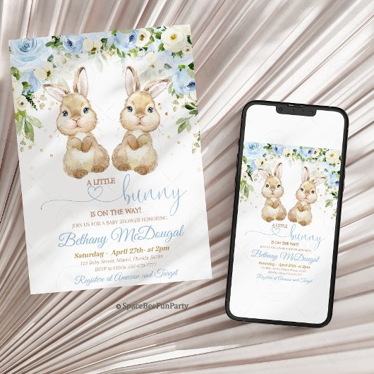 Bunny twins baby shower 招待状