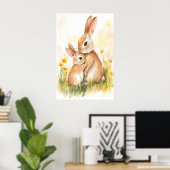 Bunny Watercolor Print, Mama and Kid, Nursery Wall ポスター (ホームオフィス)