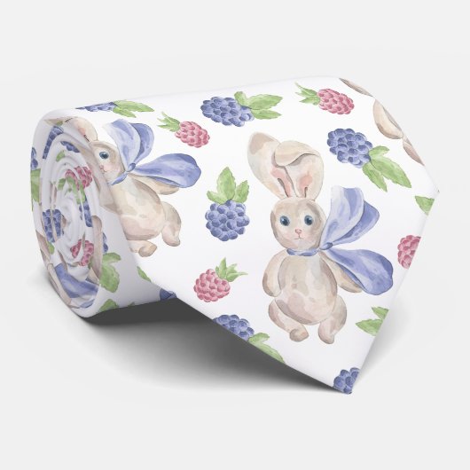 Bunny watercolor spring berry ネクタイ (ロール)
