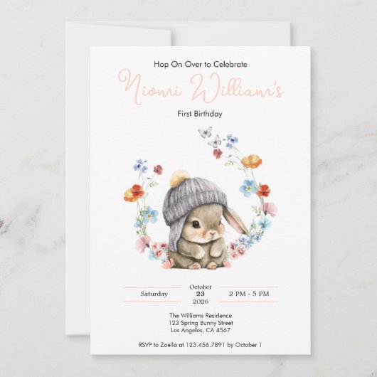 Bunny Wildflower 1st Birthday Invitation 招待状 (正面)